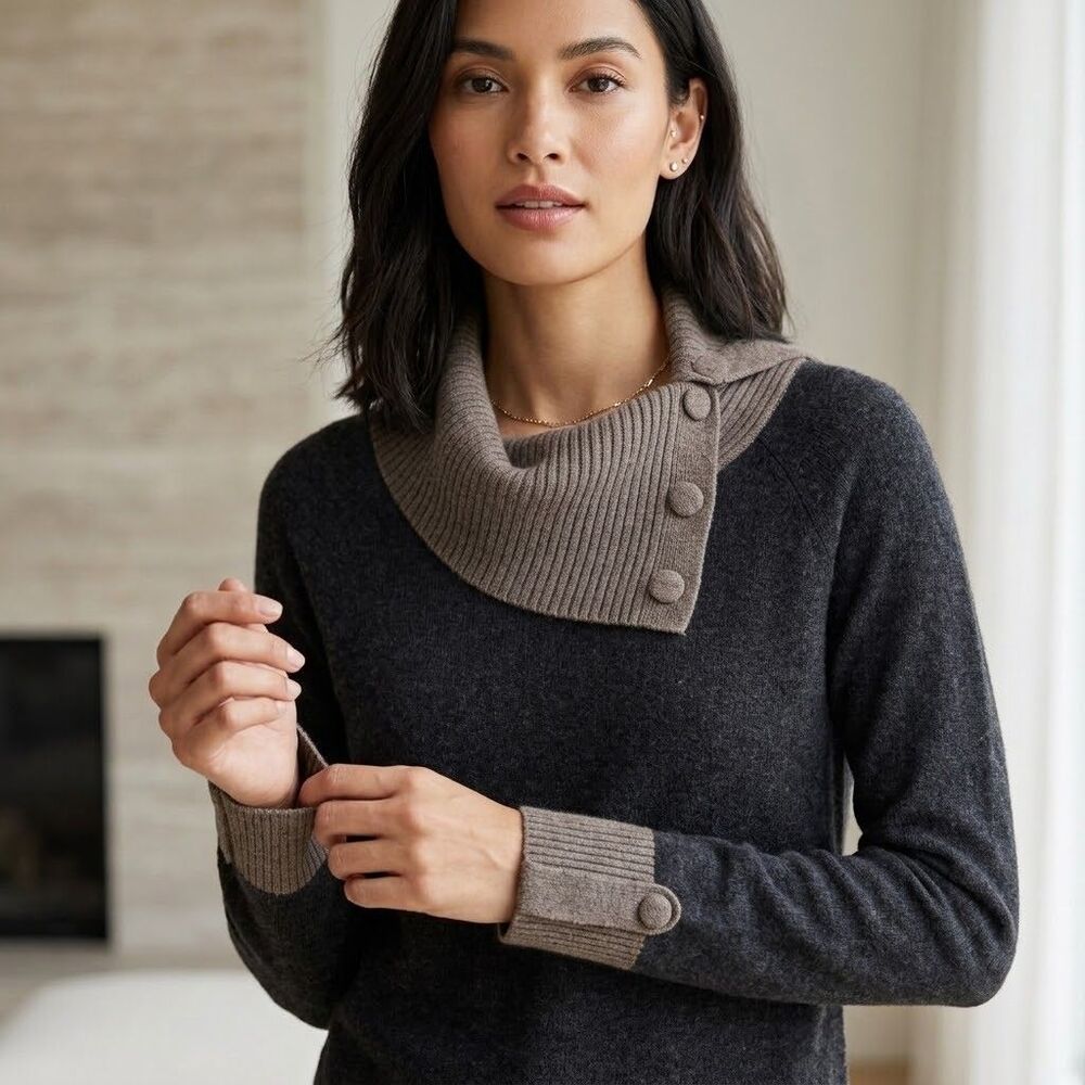 Banana Republic Luxury Cashmere Wool Sweater Size M Gray Taupe Button Cowl Neck